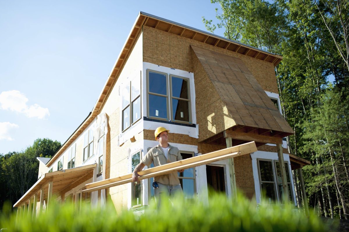 A construction site, a domestic house being built in a rural setting in New York State, USA